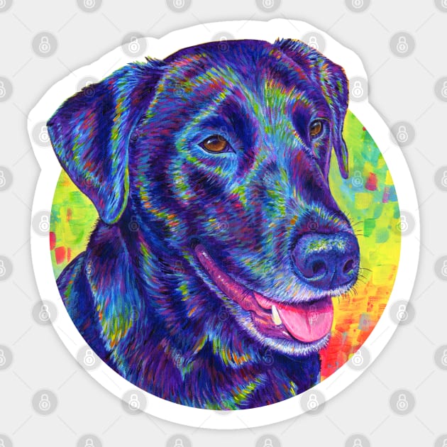 Psychedelic Rainbow Black Labrador Retriever Sticker by rebeccawangart